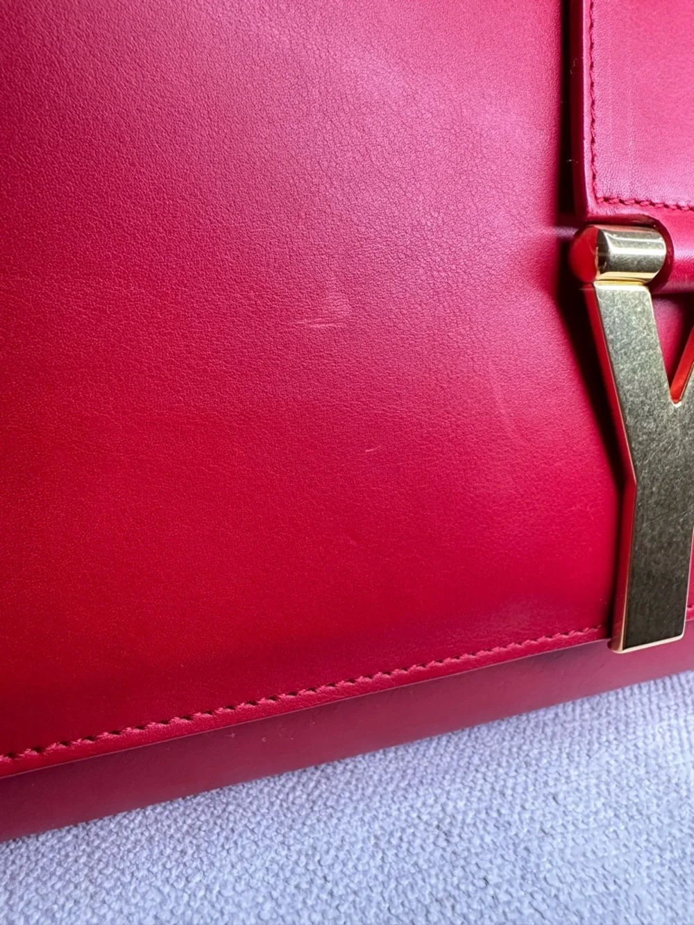SOLD. Yves Saint Laurent Red Leather Clutch with Gold Y Emblem - Picture 13 of 15
